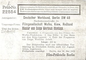 Film-Prüfstelle Berlin (Prüf-Nr. 22554) an den Deutschen Werkbund, Berlin SW 48