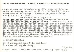 Werkbund-Ausstellung Film und Foto Stuttgart 1929: Im Rahmen unserer Film-Sondervorführungen spricht am nächsten Sonntag...