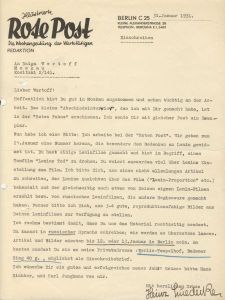 Brief der Illustrierten Roten Post an Dziga Vertov