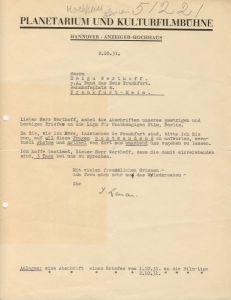 Brief von der Planetarium und Kulturfilmbühne an Dziga Vertov