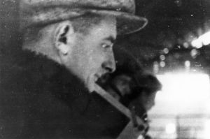 Portrait of Vertov taken during the shooting of "Tri pesni o Lenine"