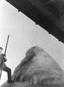 Vertov with skis on an ice peak